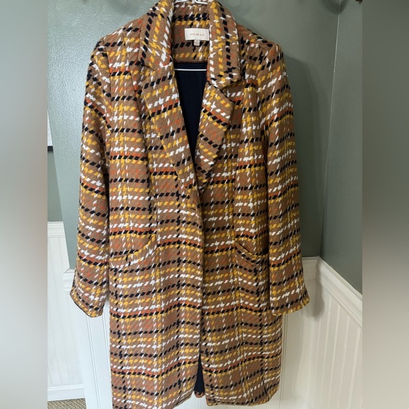 Skies Are Blue Jackets & Blazers - Skies Are Blue Mustard Plaid Long Trench Coat with Black & White Accents